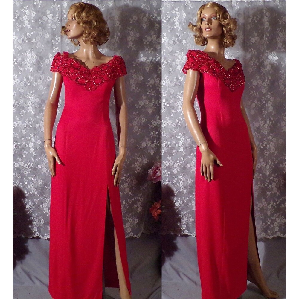 Vintage 90s Red Evening Gown Small Sequin Lace Prom Formal Dress Glam Maxi Slit